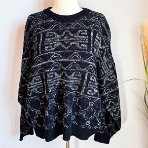 Adam Sloane, Black & White Crew Neck Southwest Vintage Sweater, Men's Size XL